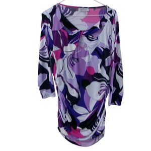 Jennifer Lopez XL Purple Pink Floral Twist Neck Ruched 3/4 Sleeve Blouse